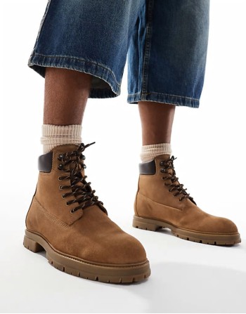 lace up worker boot in tan suede and contrast panels