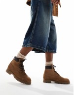 lace up worker boot in tan suede and contrast panels