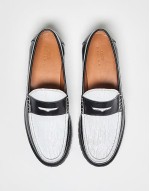 penny loafers in textured black and white leather