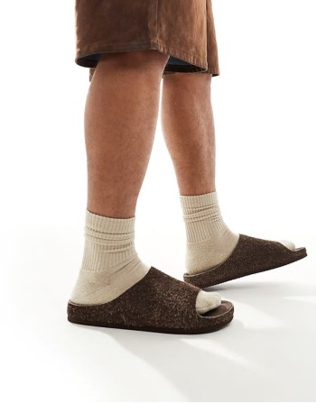 slider sandals in brown hairy suede