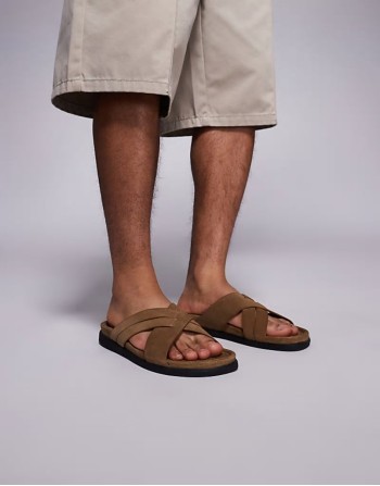 cross over strap sandals in stone suede