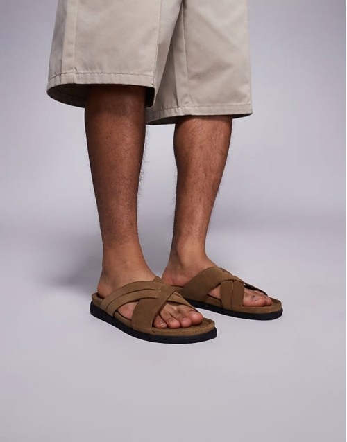 cross over strap sandals in stone suede