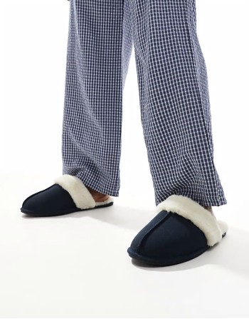 mule slippers in navy suede with faux shearling lining