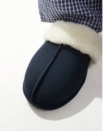 mule slippers in navy suede with faux shearling lining