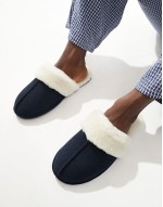 mule slippers in navy suede with faux shearling lining