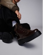 lace up worker boots in brown polish with chunky sole